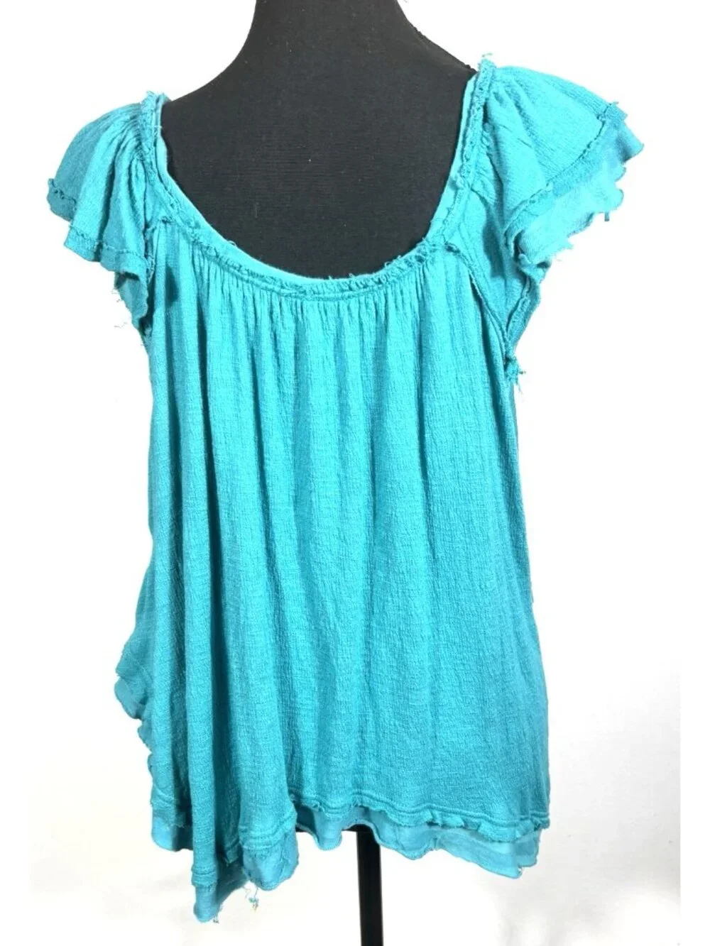 Free People Teal Aqua Blue Top Flutter Sleeve Gauze Frayed Ruffle Distressed XS